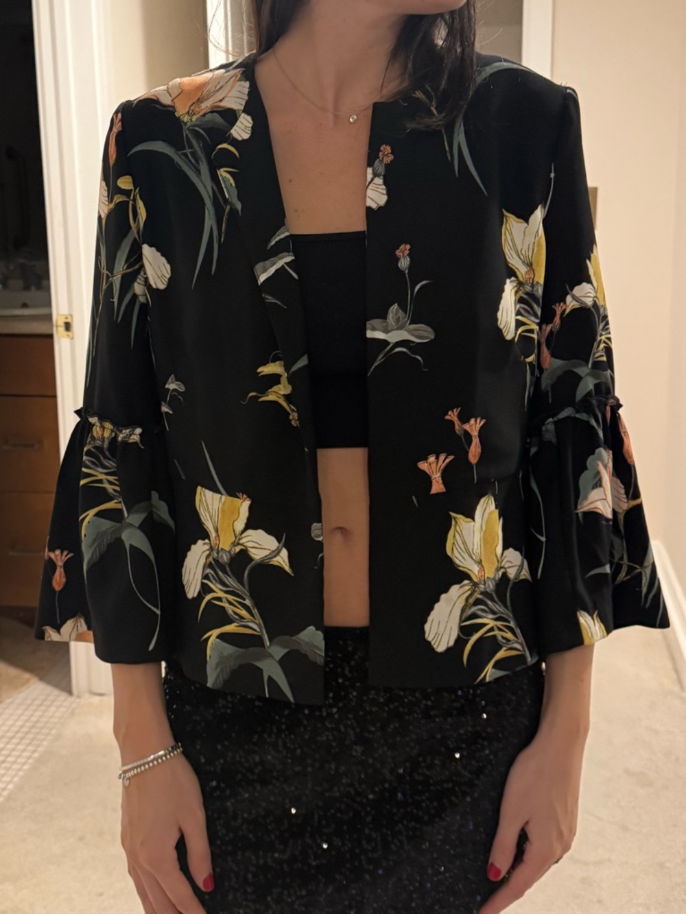 Zara Black Floral Open-Front Top with Ivory and Green Print
